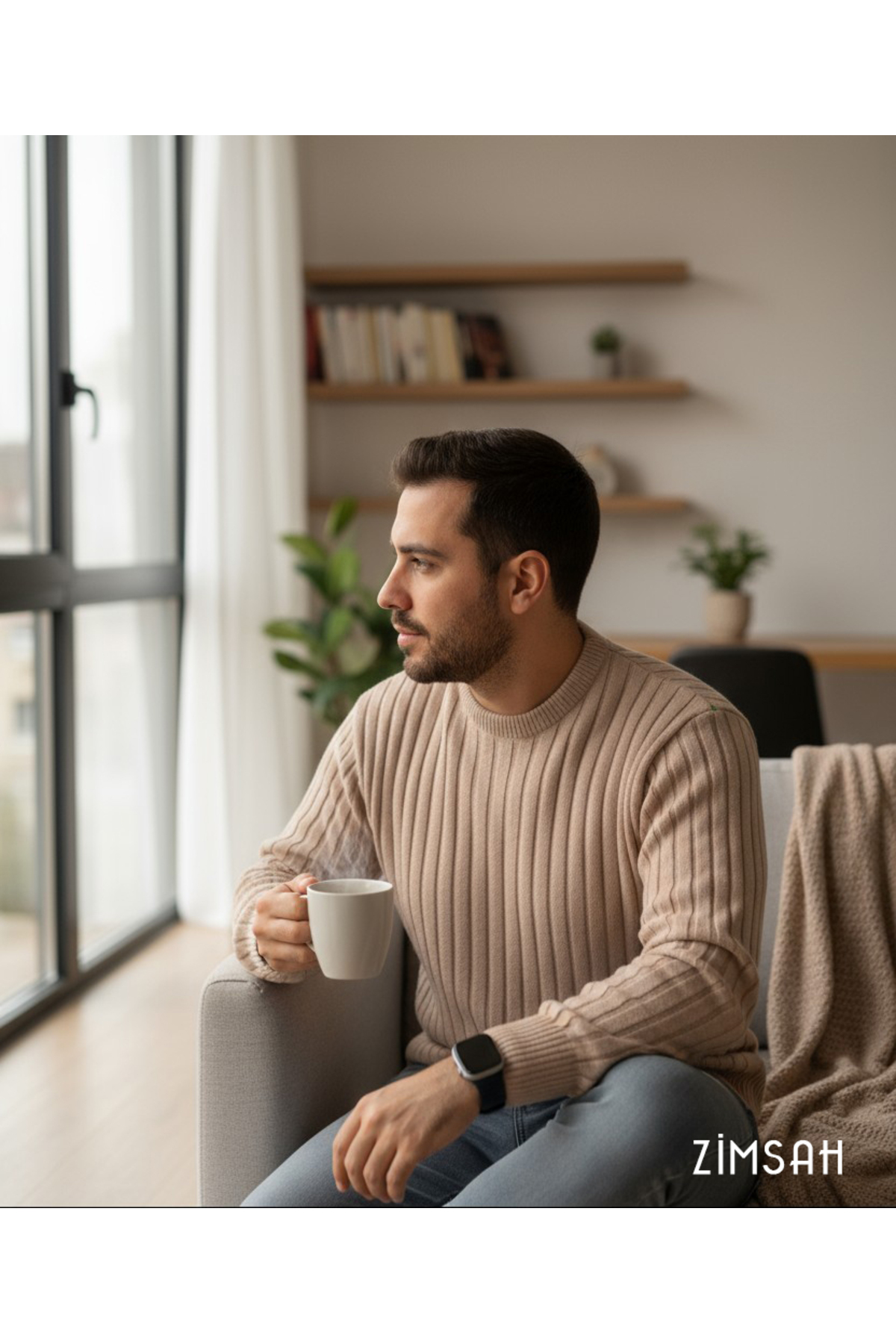 Zimsah  Erkek Kazak Triko Kazak Bej Kazak Slim Fit - Görsel 2