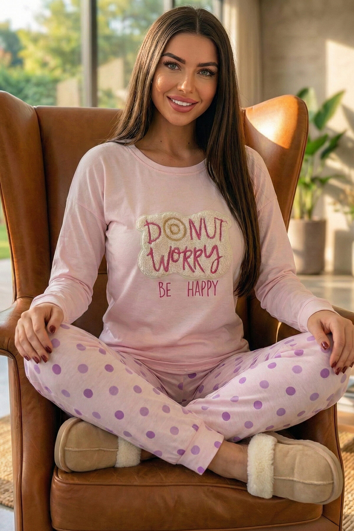 Pijamaevi Toz Pembe Donut Worry Desenli Termal Kadın Pijama Takımı görsel 3