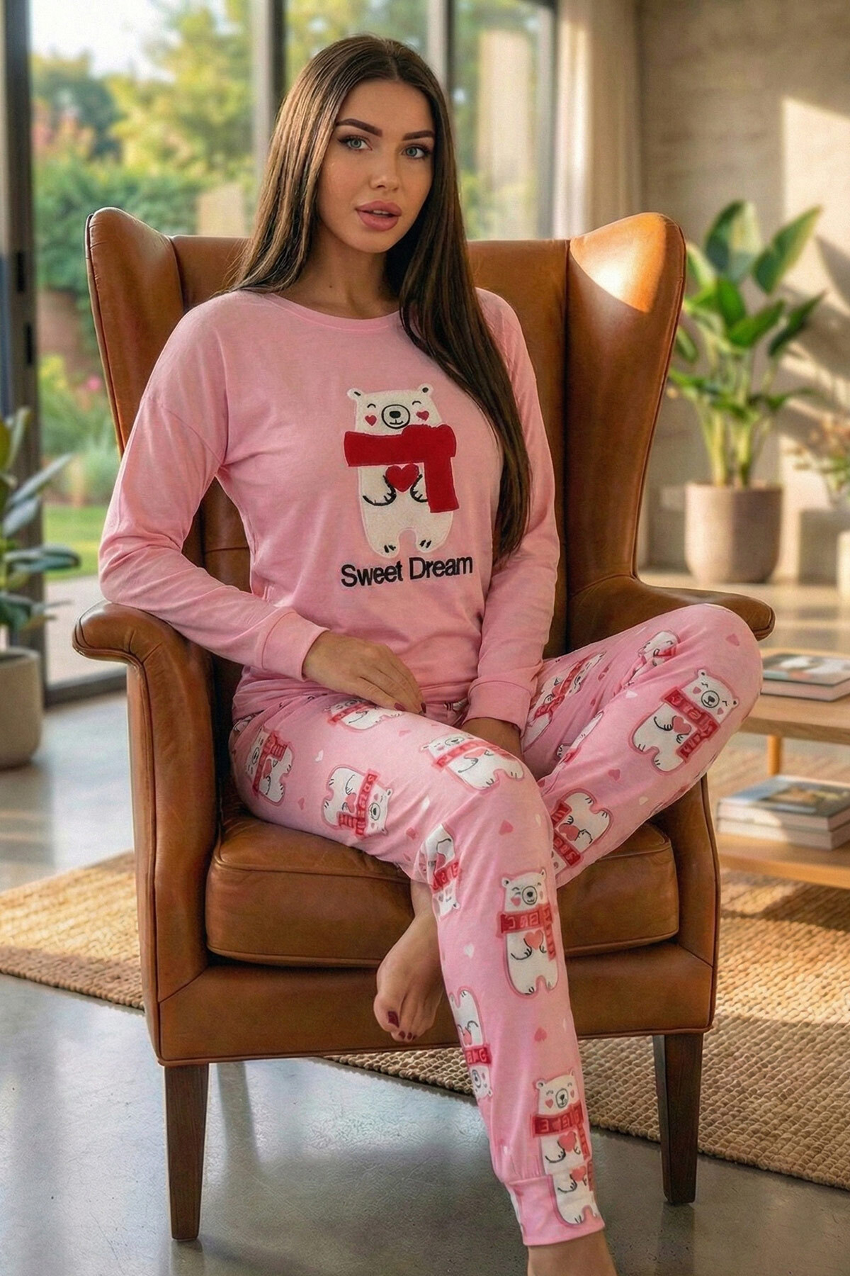 Pijamaevi Pembe Sweet Dream Desenli Termal Kadın Pijama Takımı görsel 5