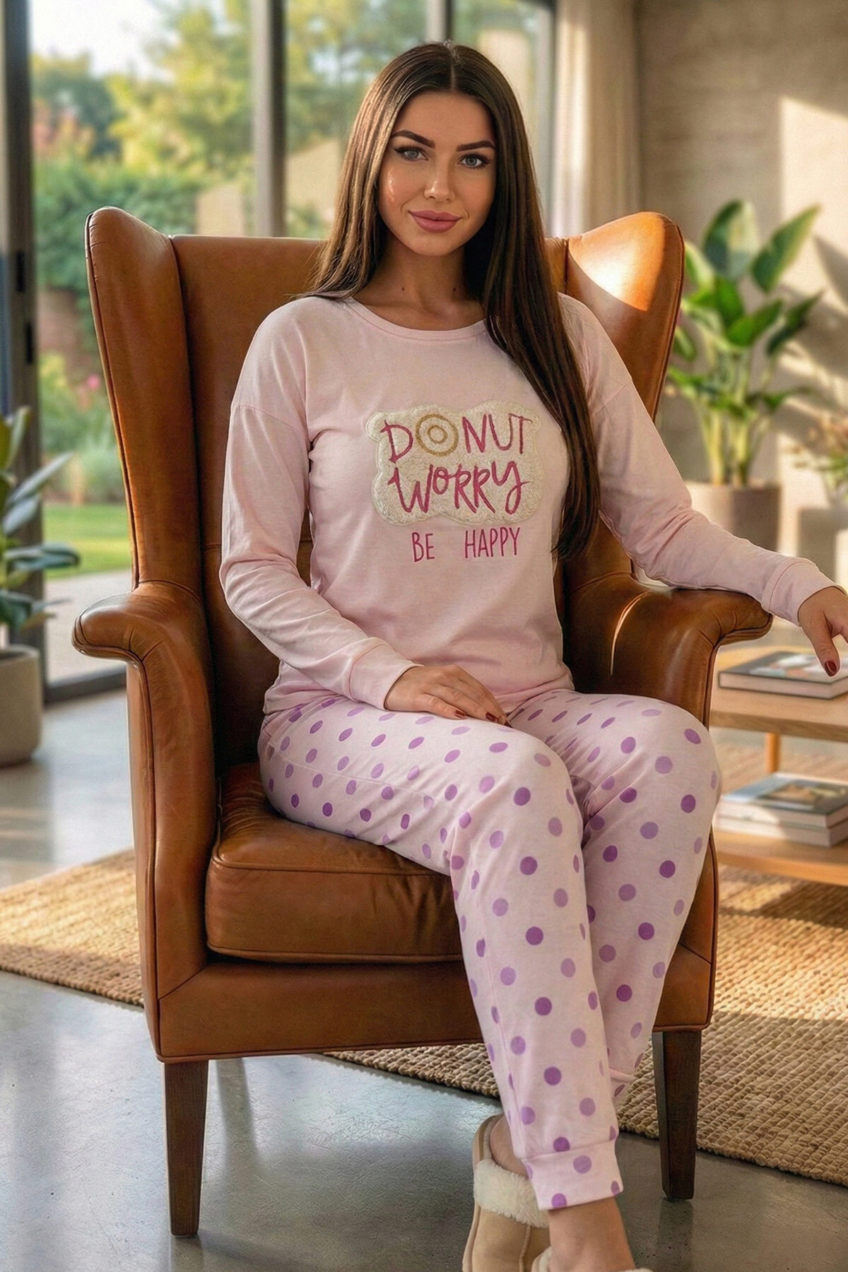 Pijamaevi Toz Pembe Donut Worry Desenli Termal Kadın Pijama Takımı görsel 6