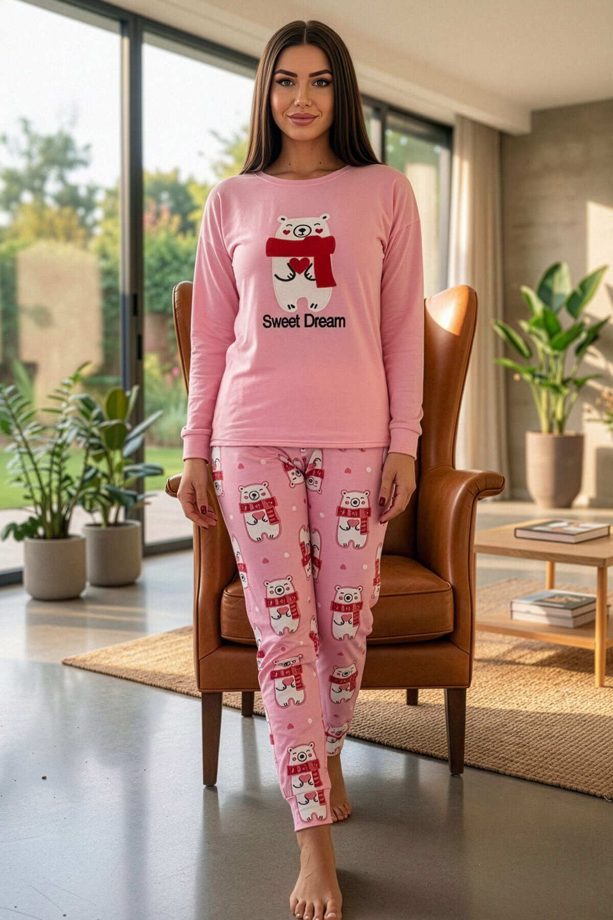 Pijamaevi Pembe Sweet Dream Desenli Termal Kadın Pijama Takımı görsel 6