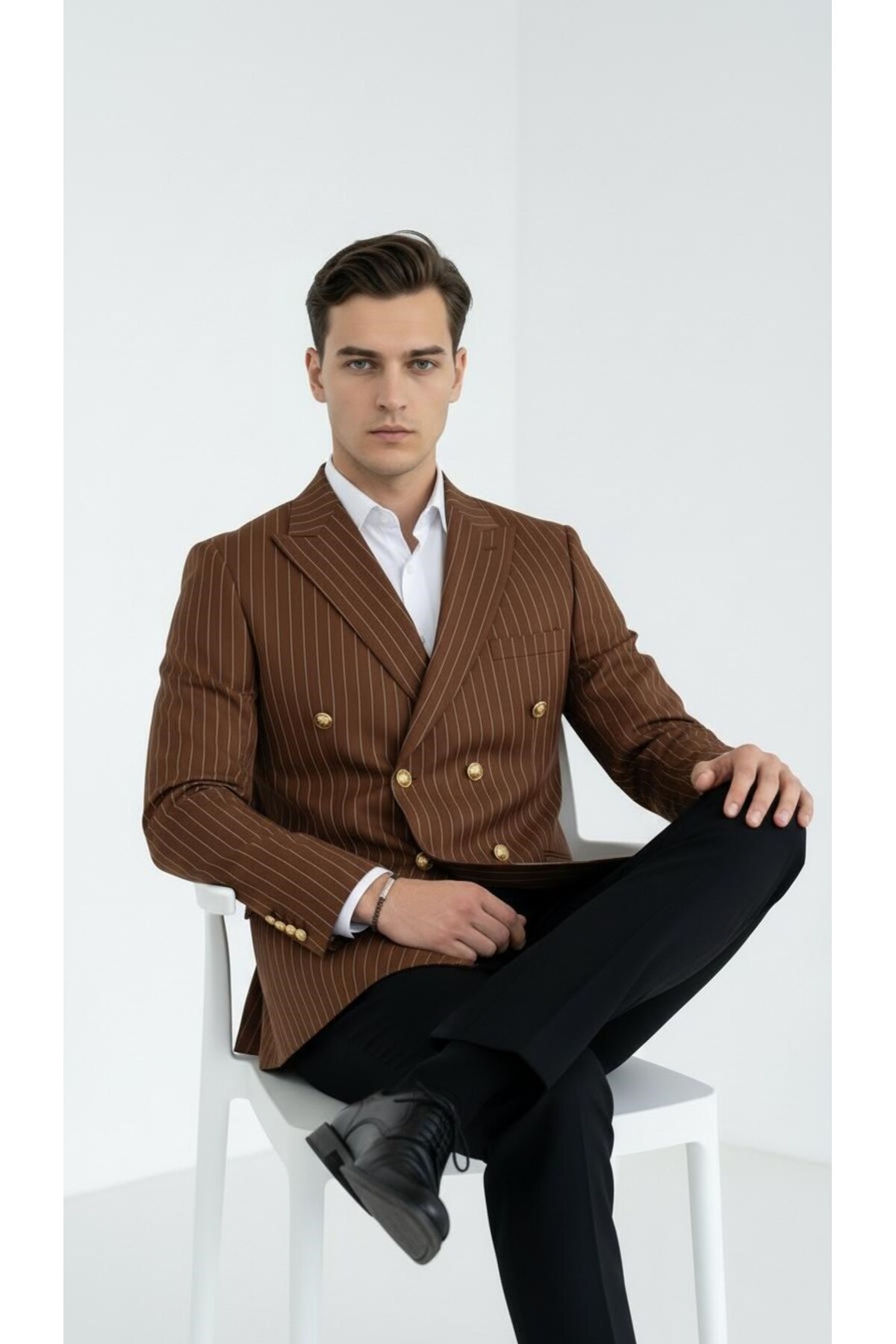 Plus Scorpion  Kahverengi Çizgili Erkek Kruvaze Blazer Ceket – İtalyan Kesim, Modern Şıklık - Görsel 2