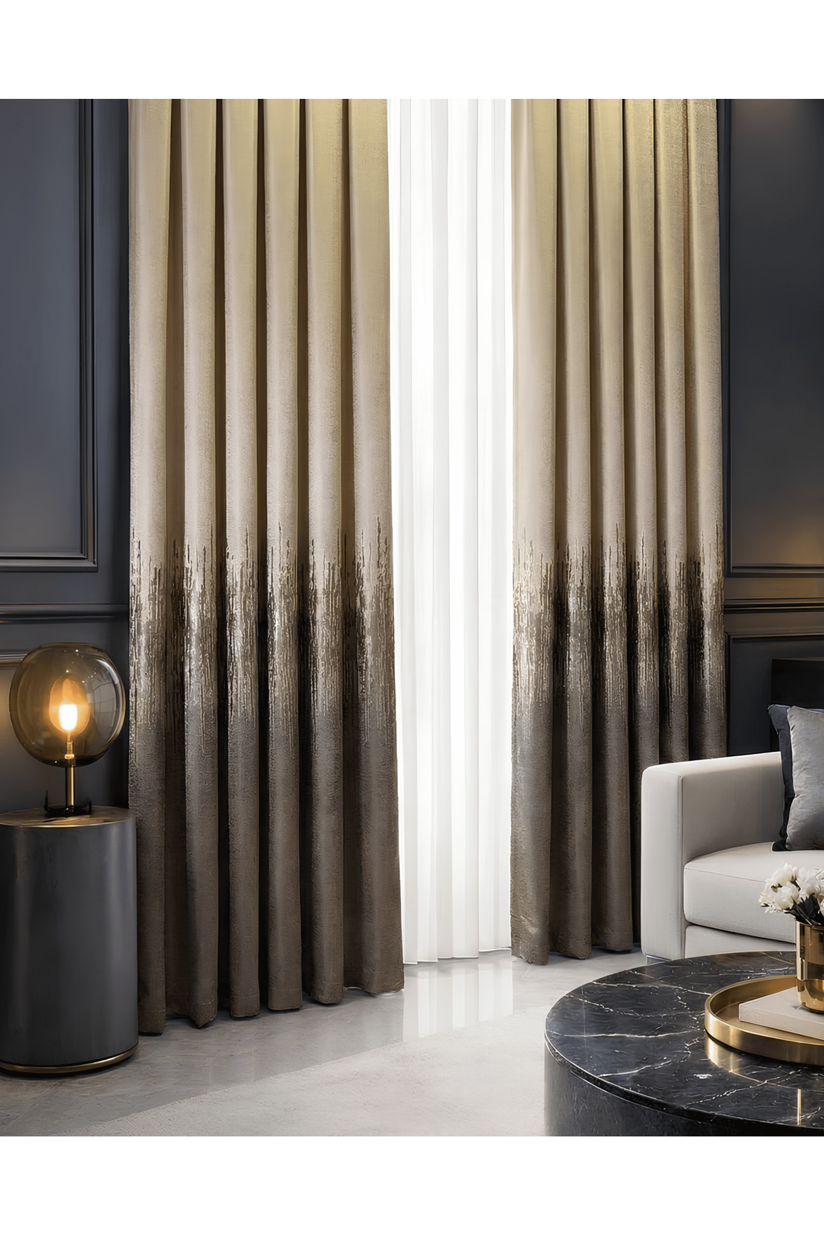 Background Curtain Board Enza Pattern Beige Gold Cream Suitable for All Living Room Tulle Curtains Frequent Pleat SINGLE WING