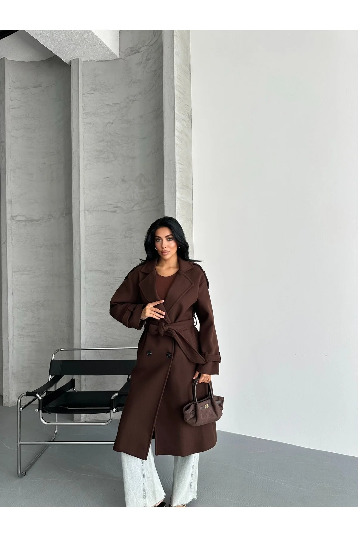 Modayıldızlar  Morena Kahverengi Kuşaklı Yeni Sezon Astarlı Premium Kalite Rahat Kalıp Kadın Kaşe Kaban - Görsel 2