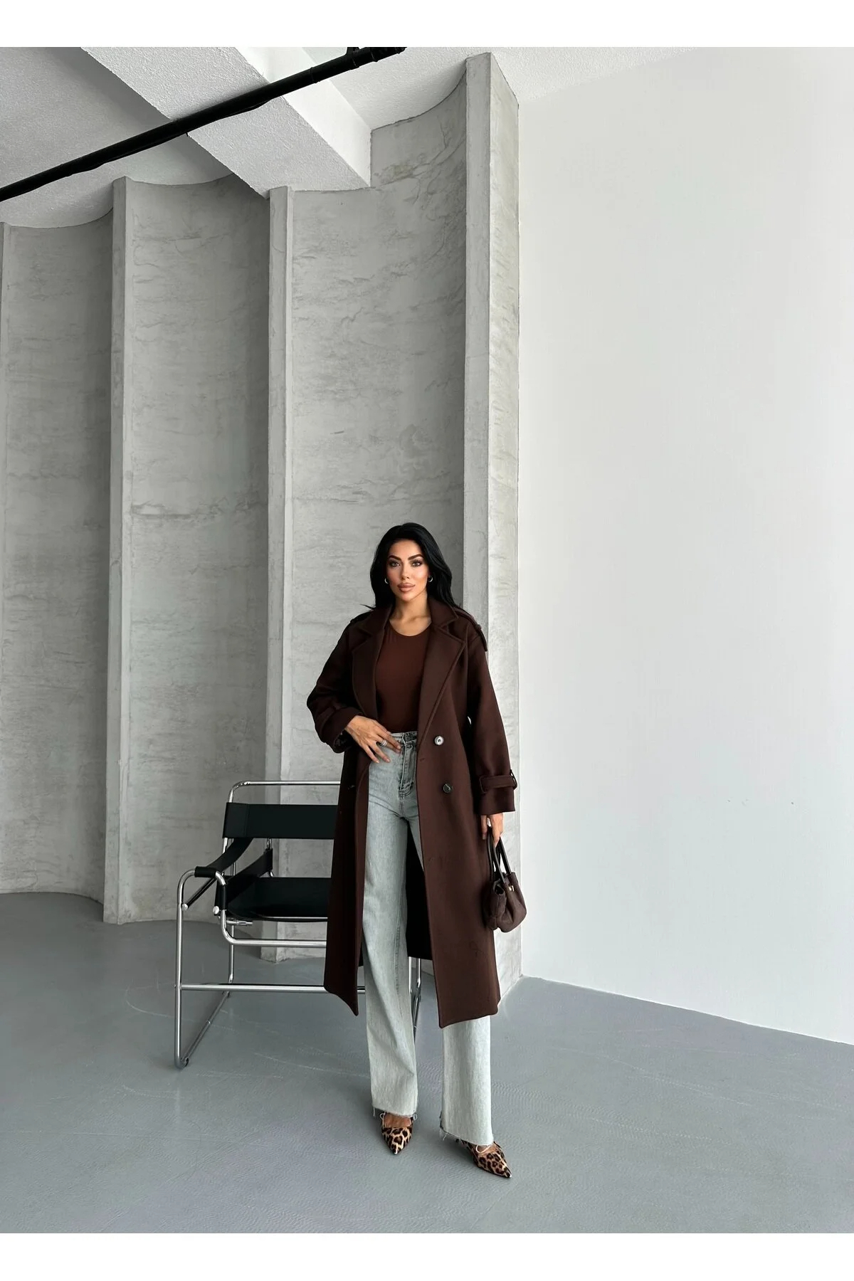 Modayıldızlar  Morena Kahverengi Kuşaklı Yeni Sezon Astarlı Premium Kalite Rahat Kalıp Kadın Kaşe Kaban - Görsel 3