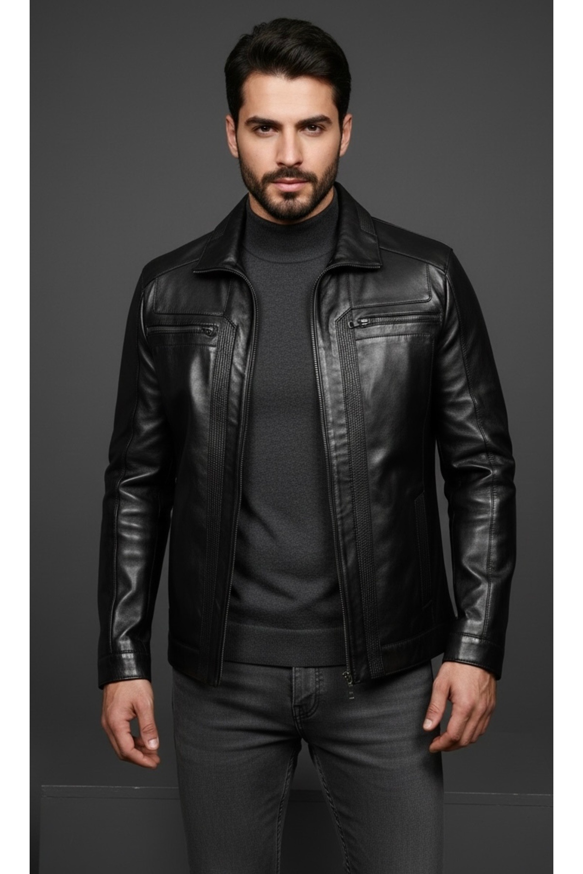 SAVARA  Erkek siyah %100 Orginal Hakiki Deri Regular Fit Rahat Kalıp Deri Mont - Görsel 3