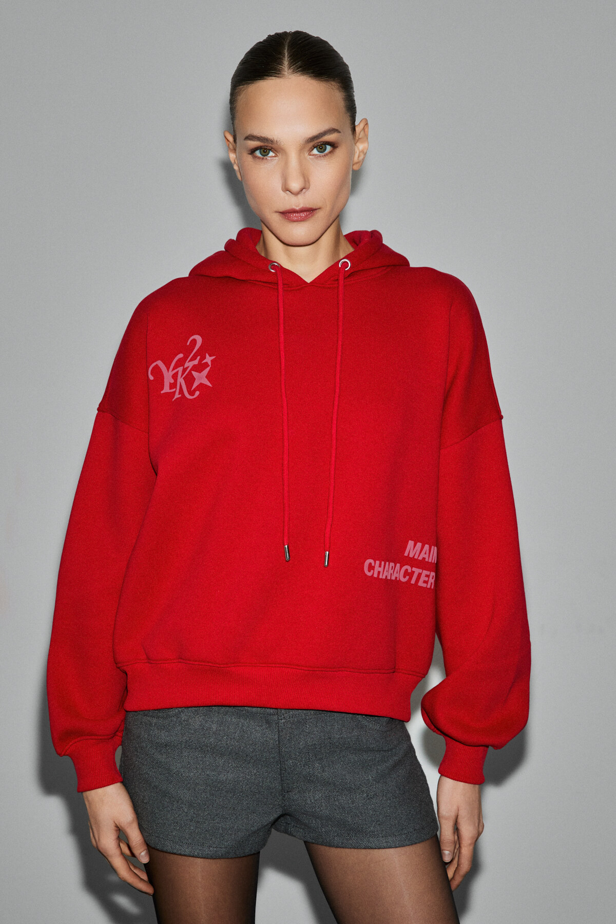 GRIMELANGE SPECTRUM Kadın Organik Pamuklu İçi polarlı Kapüşonlu Baskılı Oversize Kırmızı Sweatshirt görsel 5