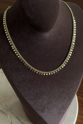 Volenta Shop Kuyum Model 14 Ayar Gold Renk Sıralı Yıldız Pul Kolye 50 cm