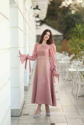 MEİZA KADIN GÜL KURUSU KARE YAKA KOLLARI ŞİFON ABİYE ELBİSE