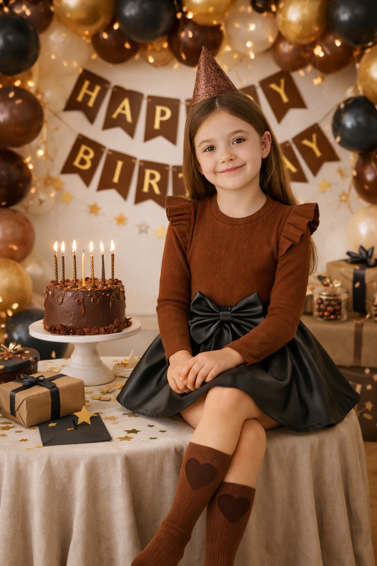 özge başaran Kız Bebek ve Kız Çocuk İçin Deri Etek Omuz Fırfırlı Kahverengi Badi Kalpli Çorap Seti 6 Aydan 6 yaşa fotoğrafı 7 (önizleme)