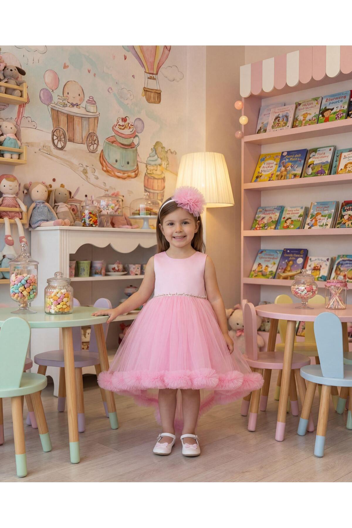 BUTİKHAPPYKİDS Kız Çocuk Pembe Kuyruklu Tüllü Volanlı Taç Hediyeli Abiye Elbise 2-6 Yaş