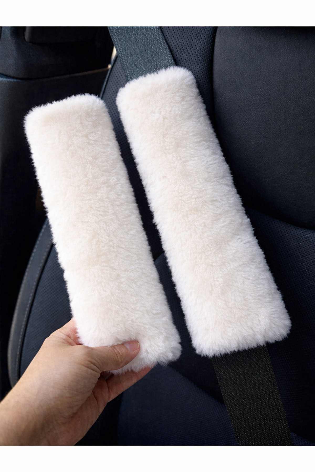 2-Piece Seat Belt Cover Pad White Plush Extra Soft (1ST QUALITY)