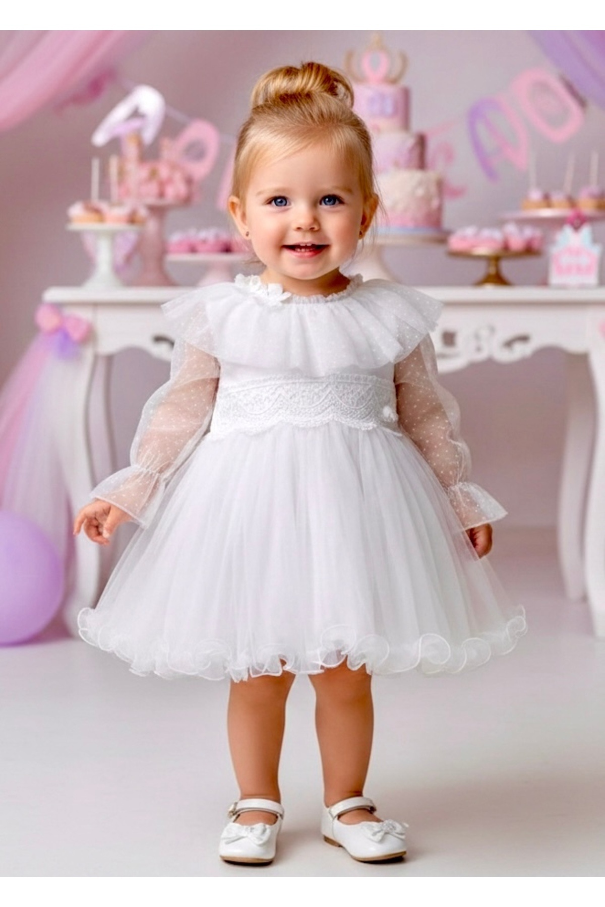 miaras baby 6-24 Ay Uzun Kol Tül Yaka Detaylı KızÇocuk Bebek Günlük Abiye Elbise fotoğrafı 2 (önizleme)