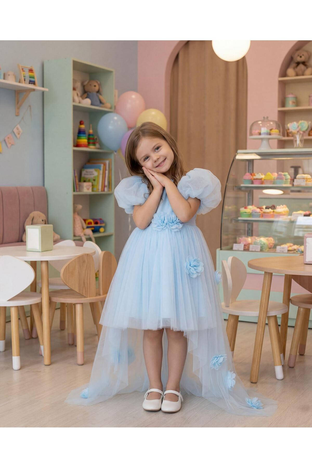 BUTİKHAPPYKİDS Kız Çocuk Kuyruklu Tüllü Çiçek Detaylı Abiye Elbise Bebe Mavi 2-6 Yaş