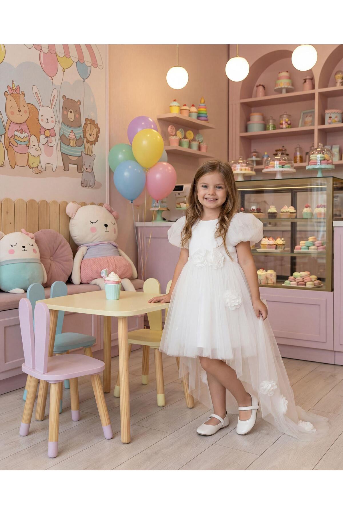BUTİKHAPPYKİDS Kız Çocuk Kuyruklu Tüllü Çiçek Detaylı Abiye Elbise Beyaz 2-6 Yaş