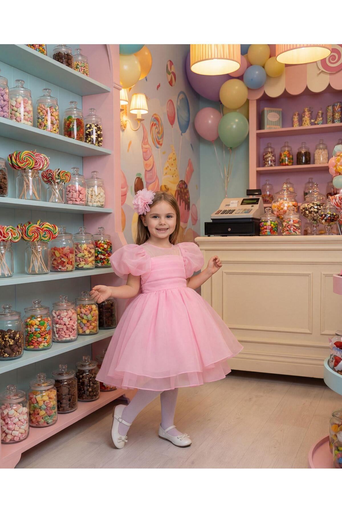 BUTİKHAPPYKİDS Kız Çocuk Balon Kollu Şifon Pembe Abiye Elbise Taç Hediyeli 1-5 Yaş