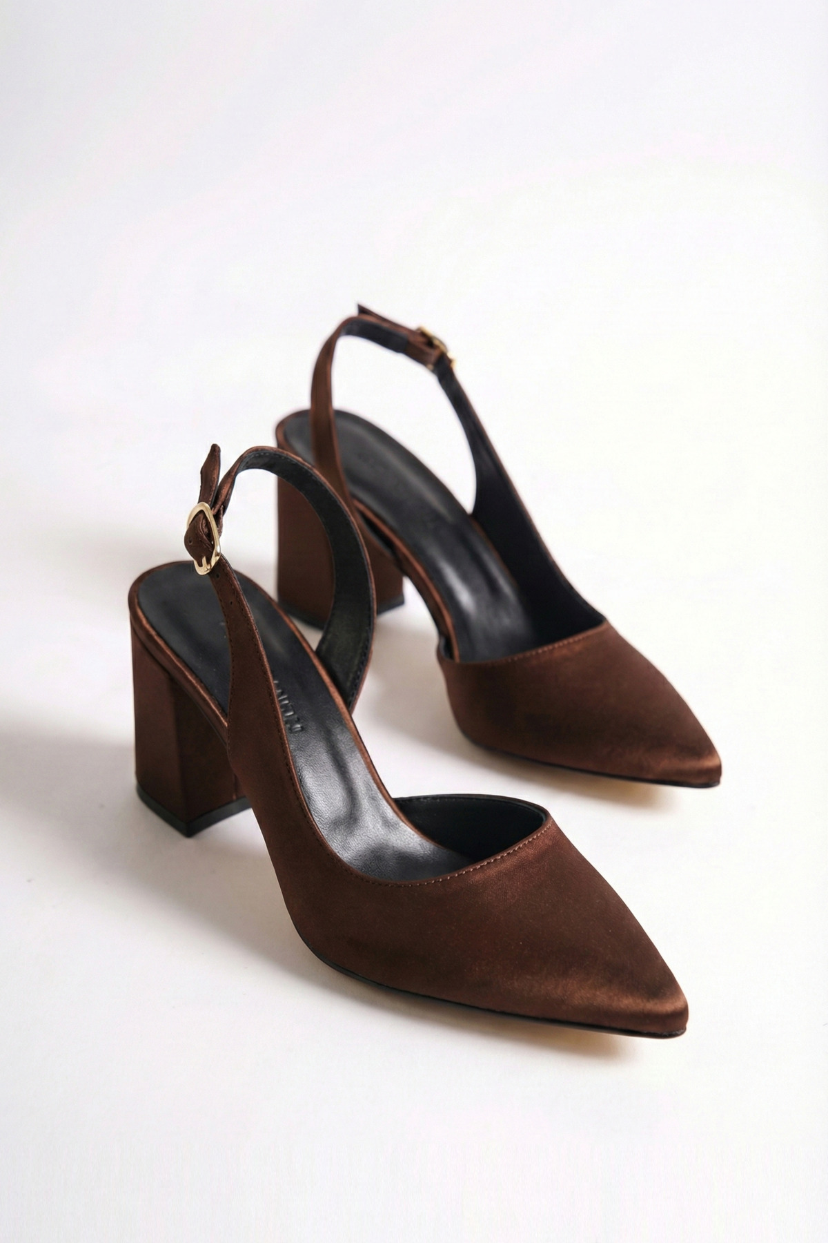 Women's Brown Satin Fabric Asymmetrical Band Pointed Toe Thick Heel Shoes
