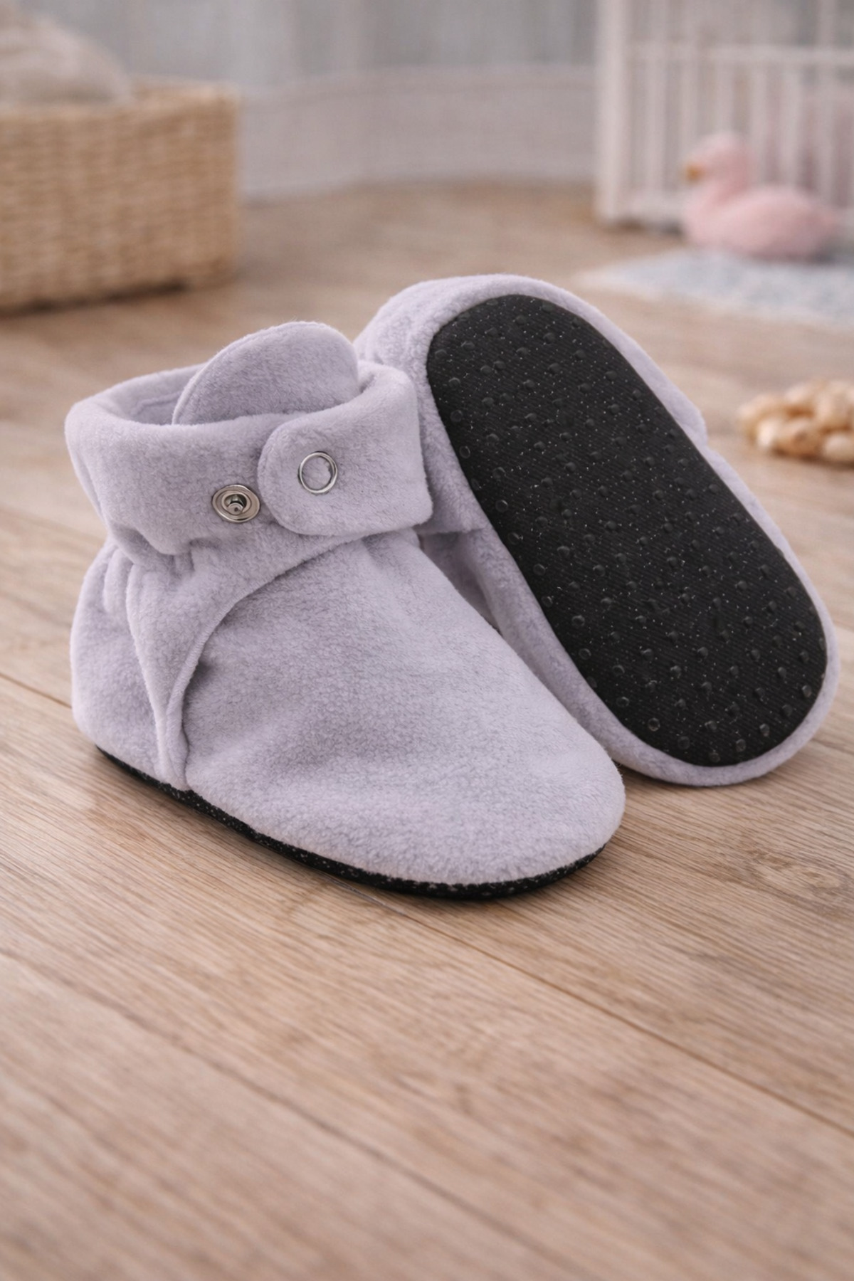 Organic Cotton Lined, Baby First Step Shoes, Anti-Slip Sole, Baby Snoozies, Gray Booties