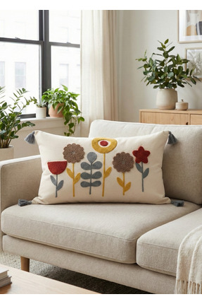Destiva Home Renkli Çiçek Bahçesi Punch Nakışlı Dekoratif Püsküllü Kırlent Kı...
