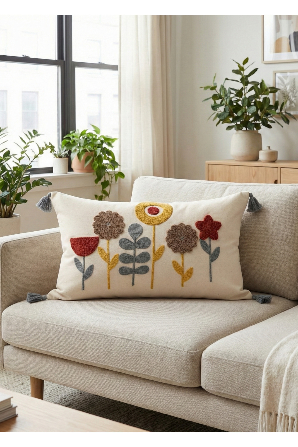Colorful Flower Garden Punch Ornament Decorative Tasseled Pillowcase Cotton 35x55cm