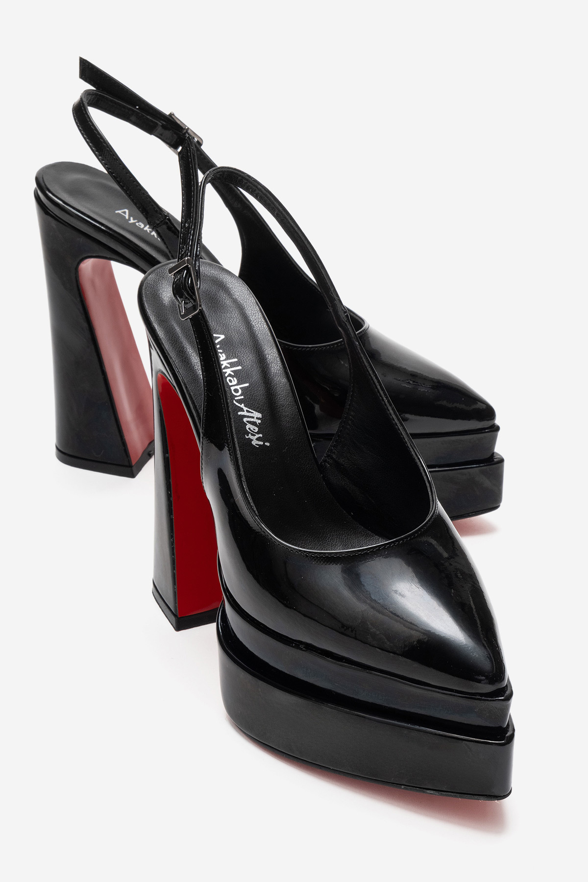 Ayakkabı Ateşi  Kadın Siyah Rugan Arkası Açık Sivri Burun Çift Platform Yüksek Topuklu Ayakkabı Medelo