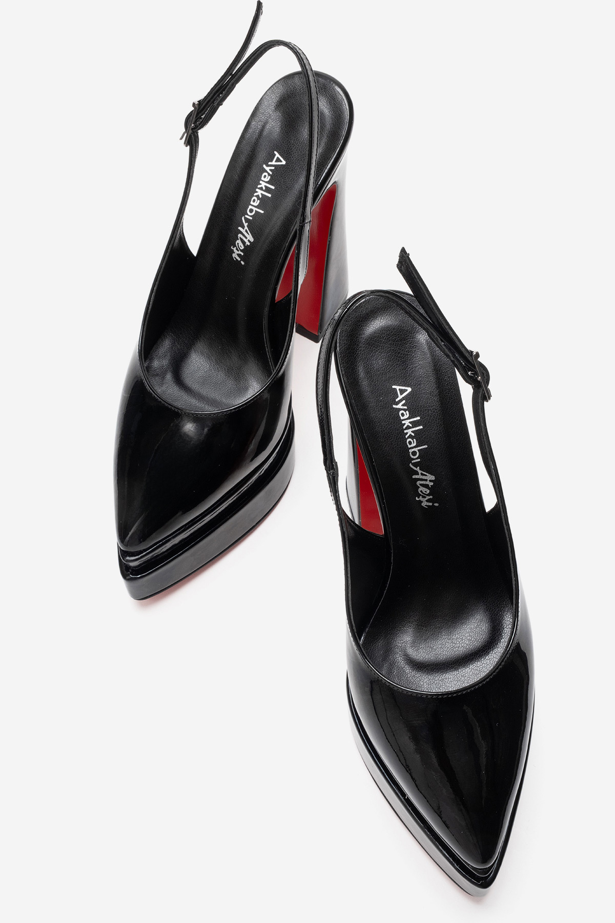 Ayakkabı Ateşi  Kadın Siyah Rugan Arkası Açık Sivri Burun Çift Platform Yüksek Topuklu Ayakkabı Medelo - Görsel 6