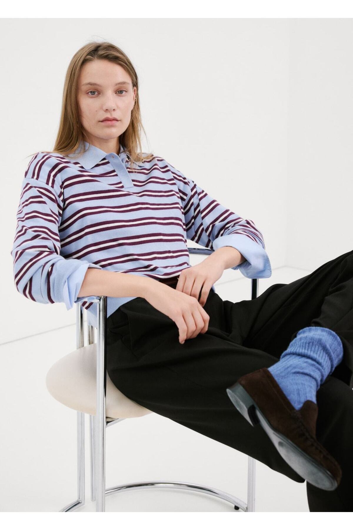 MANGO  Çizgili polo yaka kazak - Görsel 7