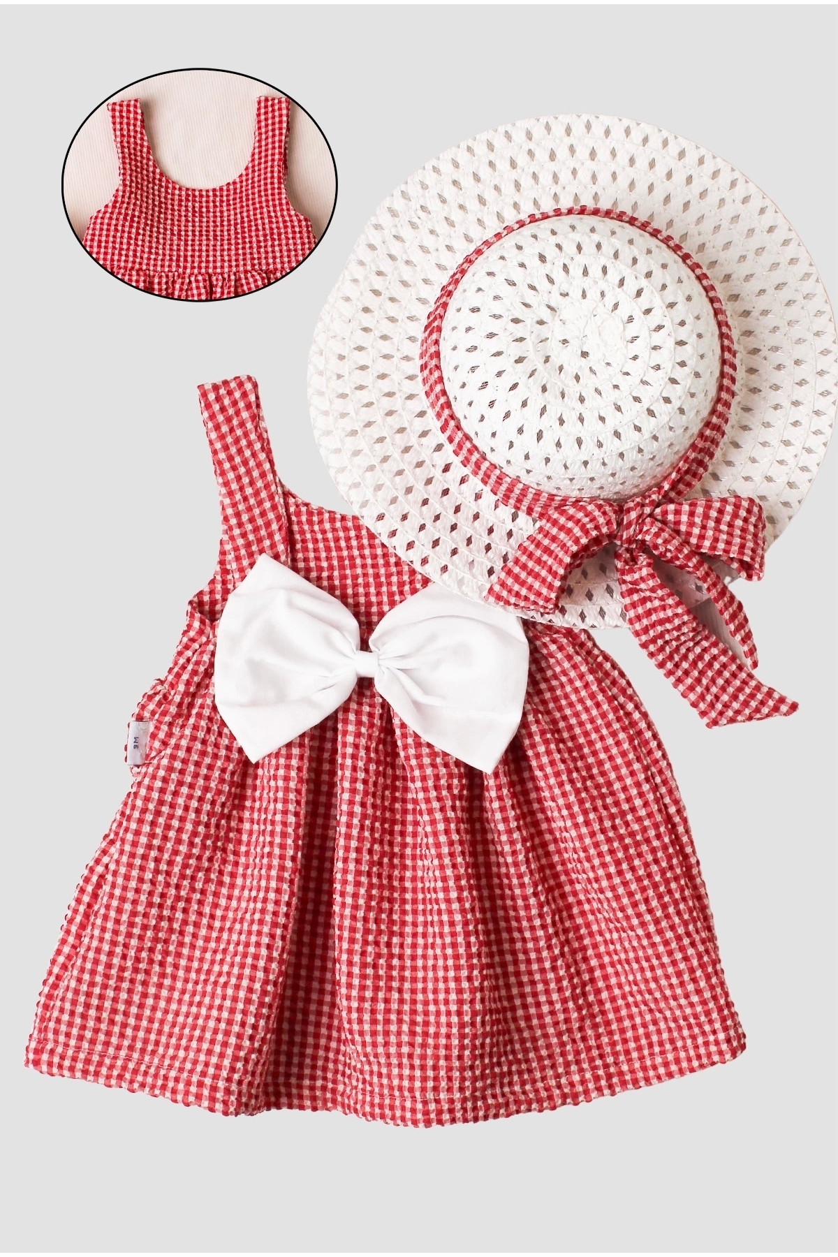 Chicsy Baby Şapkalı Pötikare Desenli Fiyonklu Esnek Kız Bebek Elbisesi fotoğrafı 2 (önizleme)