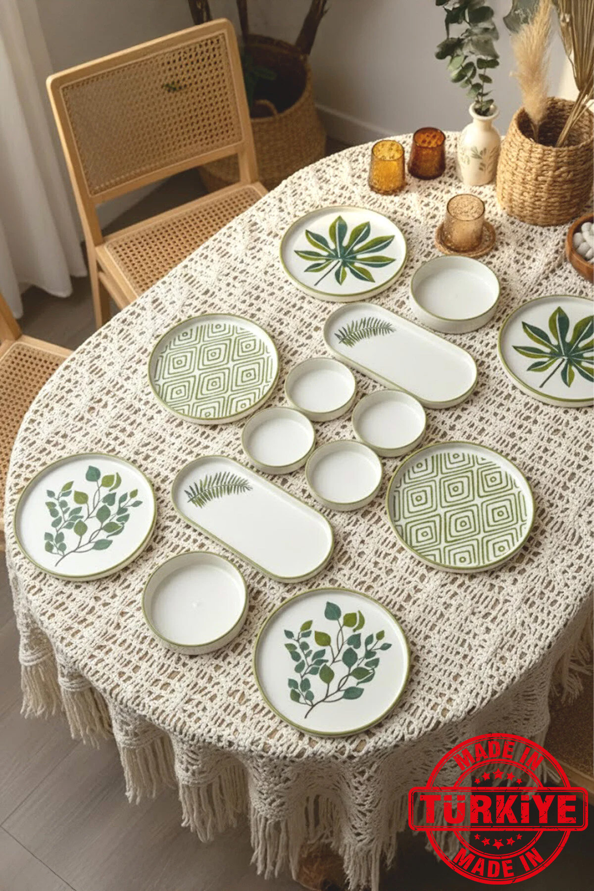 Kitchen Life طقم إفطار مكون من 14 قطعة بتصميم أوراق الخريف، قابل للتكديس، يكف...