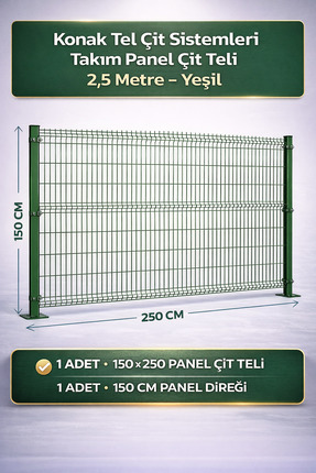 Konak Tel Çit Aksaray (1 ADET Takım) Yeşil Panel Çim Çiti 150x250 cm 55X150 M...