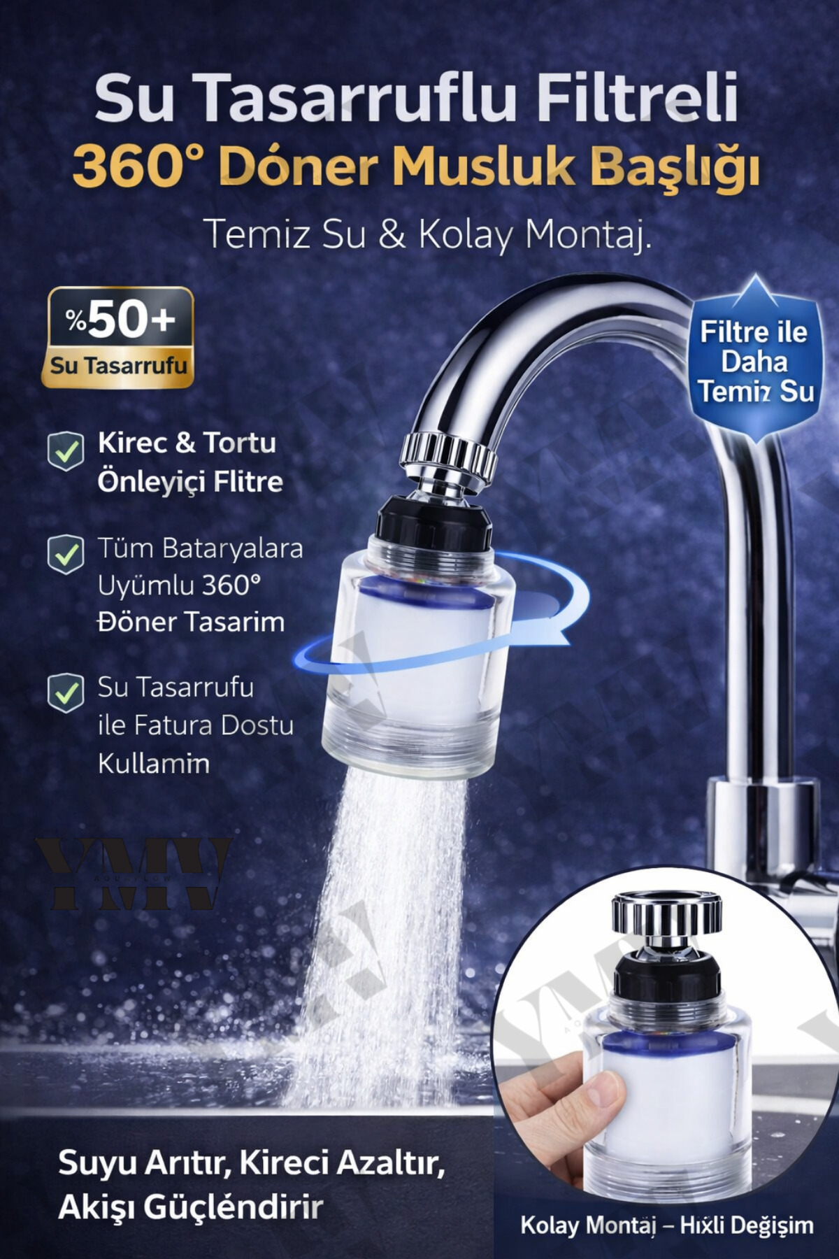 360 Degree Rotatable Purified Movable Faucet Fountain Head with Water Tassaruf Filter