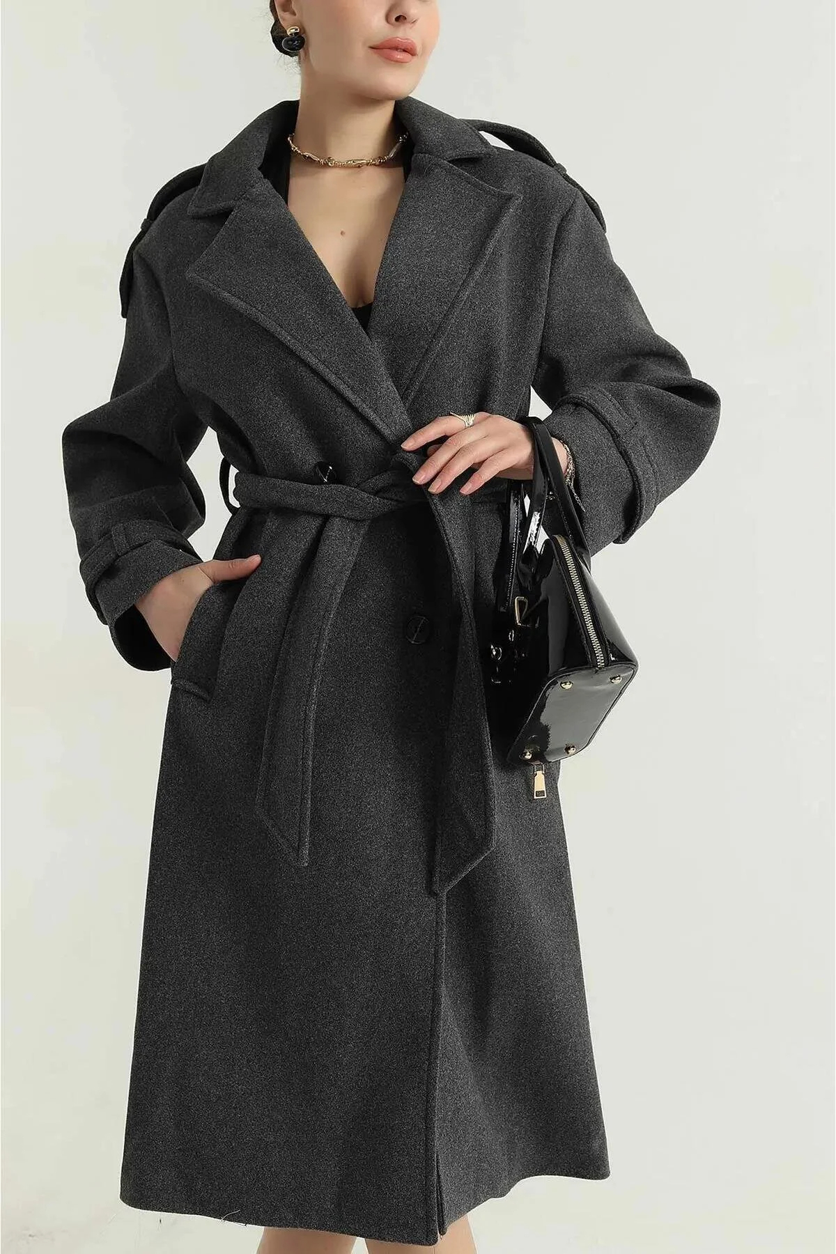 Modayıldızlar  Morena Antrasit Kuşaklı Yeni Sezon Astarlı Premium Kalite Rahat Kalıp Kadın Kaşe Kaban - Görsel 2