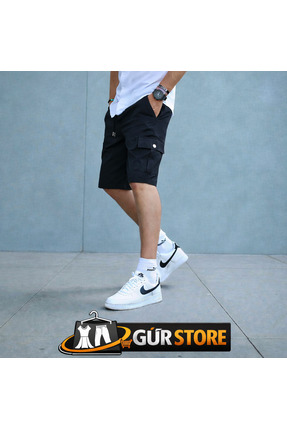 Gür Kargo Cepli Erkek Siyah Şort Bel Lastik Likralı