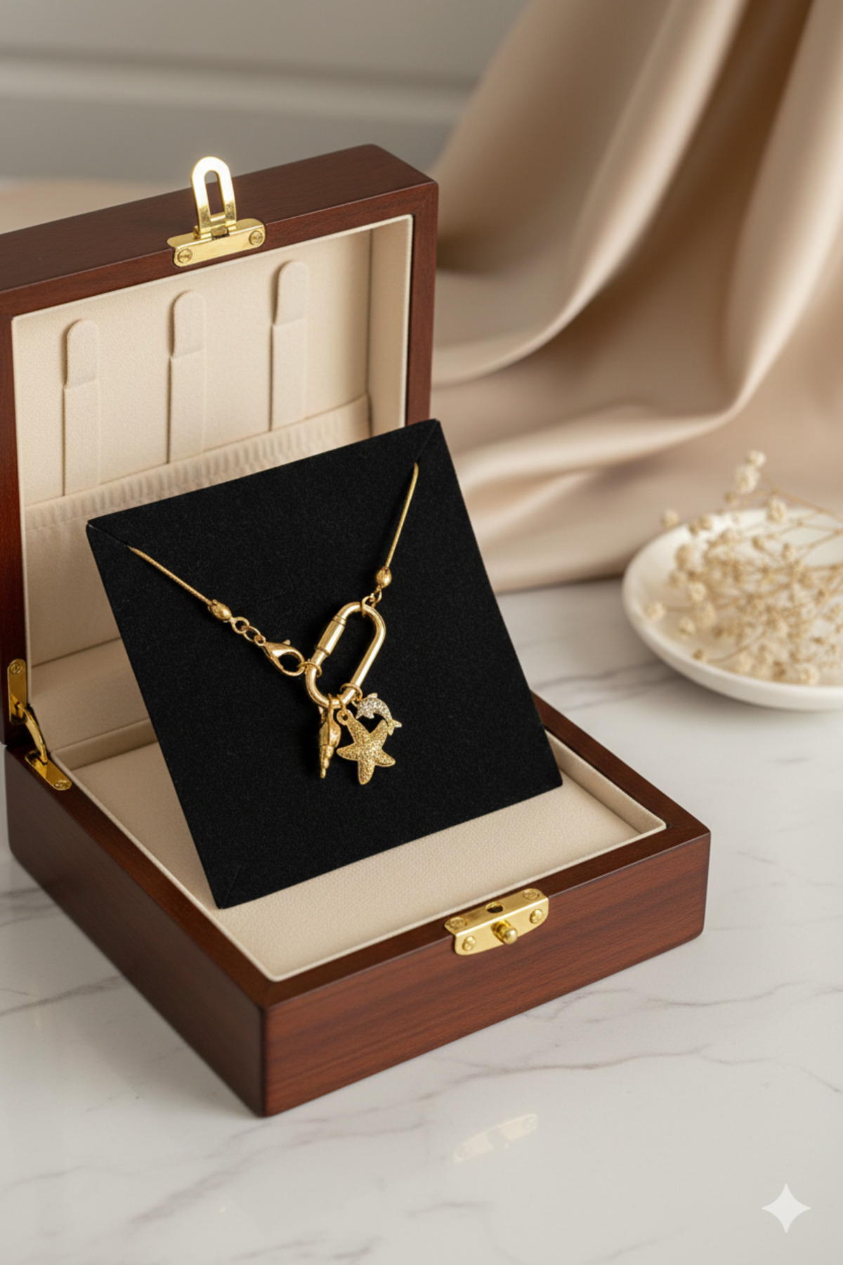 Balık, Yıldız ve Deniz Kabuğu Charm Çelik Zincirli Gold Kadın Kolye (45 cm) – Sevgililer Günü Özel - Detay Görseli 4