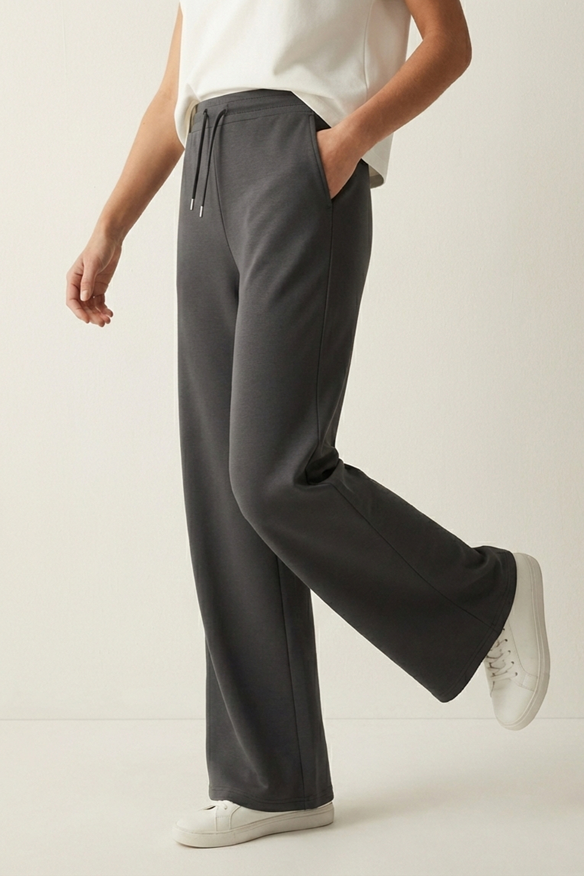 Elemge  Pamuklu Kadın Eşofman Altı Yüksek Bel Antrasit Dar Kalıp Flare Fit Geniş Paça İpli Cepli Esnek Likra - Görsel 6