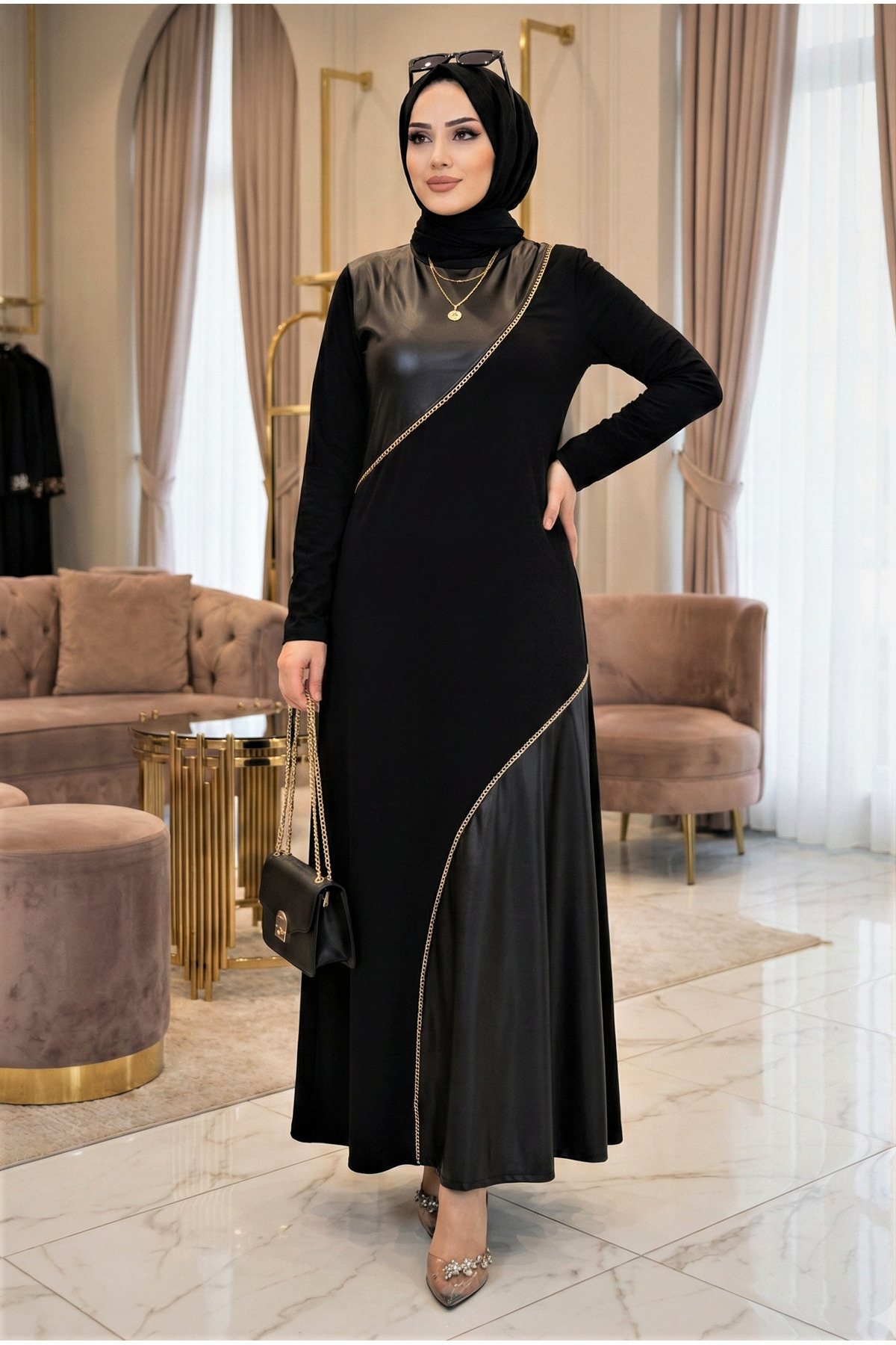 modamira  Kadın Siyah Pamuklu Önü Deri ve Zincir Detaylı Tesettür Kadın Uzun Kollu Elbise