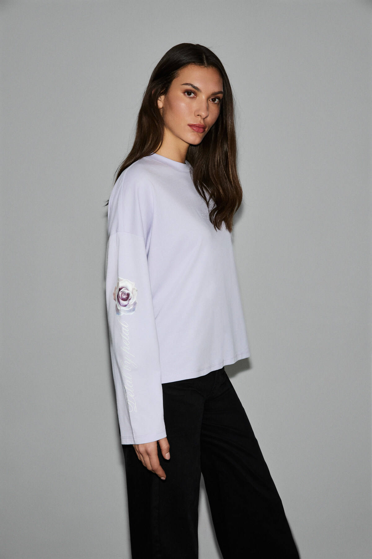 GRIMELANGE CIANELLE Kadın Organik Pamuklu Bisiklet Yakalı Uzun Kollu Oversize Lila T-Shirt görsel 3