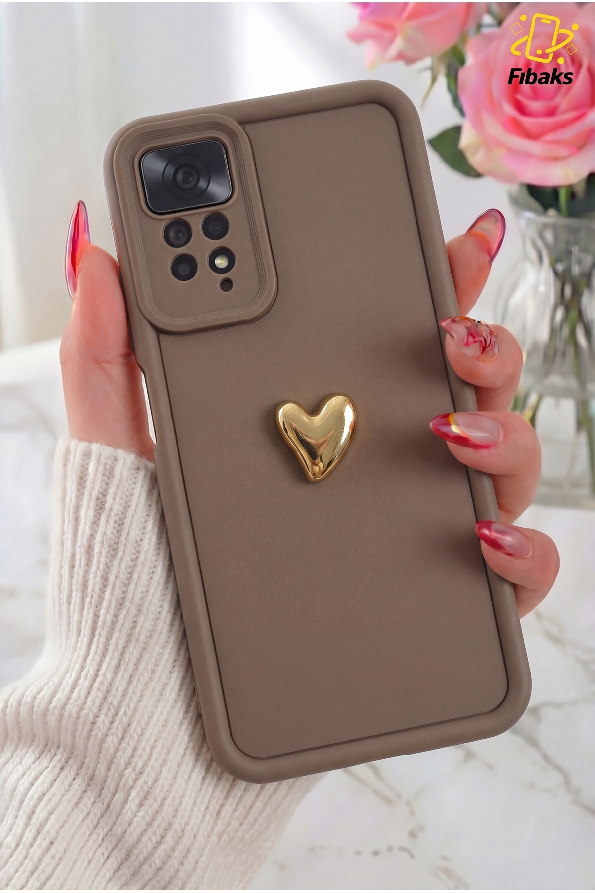Redmi Note 11 Pro/12 Pro 4G Case Brown Pattern Camera Protected Cover with 3D Heart Design