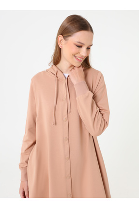 Benin Kapüşon Detaylı Çıtçıtlı Spor Kap / Pardesü - Koyu Krem -