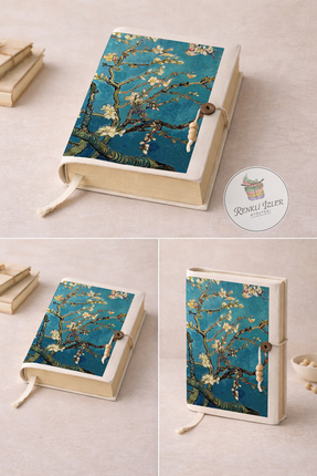 RenkliİzlerAtölyesi Kitap Kılıfı ve Metal Kitap Ayracı Seti (Van Gogh Badem Ç...