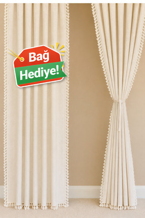 Perdeplus Keten Bohem Tarz Püsküllü Tasarım Fon Perde