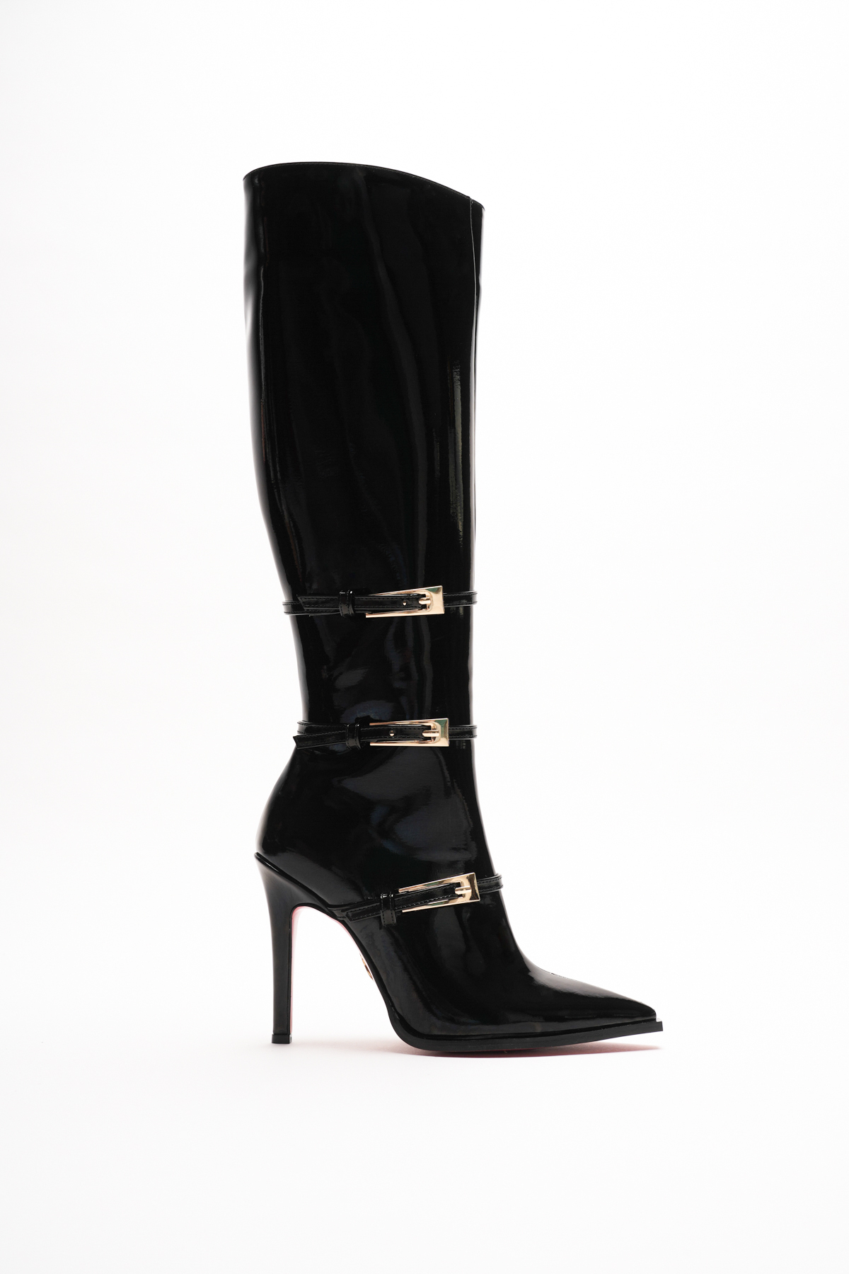 Ayakkabı Ateşi  Kadın Siyah Rugan Sivri Burun 3 Tokalı İnce Topuklu Çizme Tokai - Görsel 3