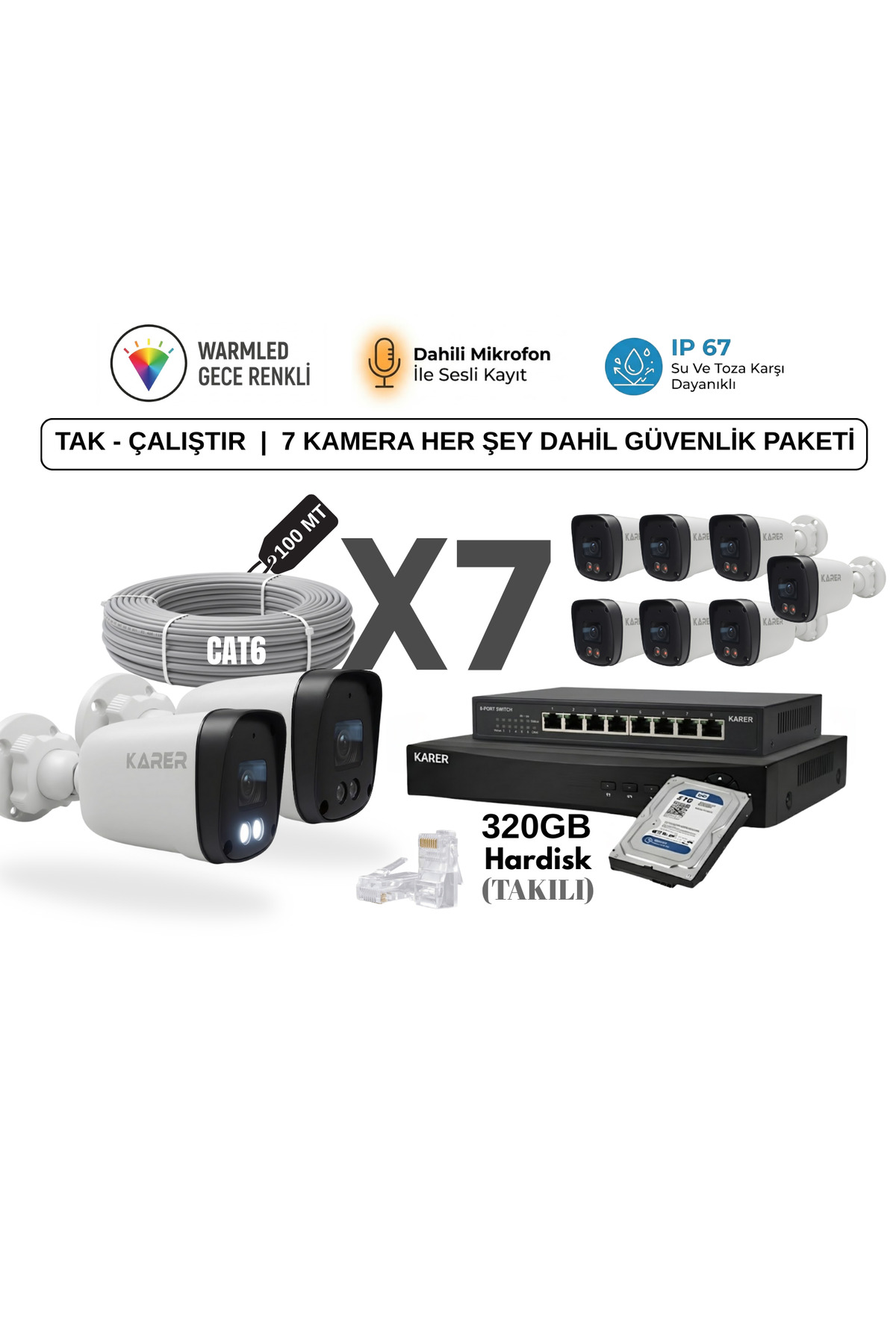 Monitör Dahil 7 Kameralı Ultra HD IP Güvenlik Seti | Sesli Kayıt - Renkli Gece Görüş - Tak Çalıştır
