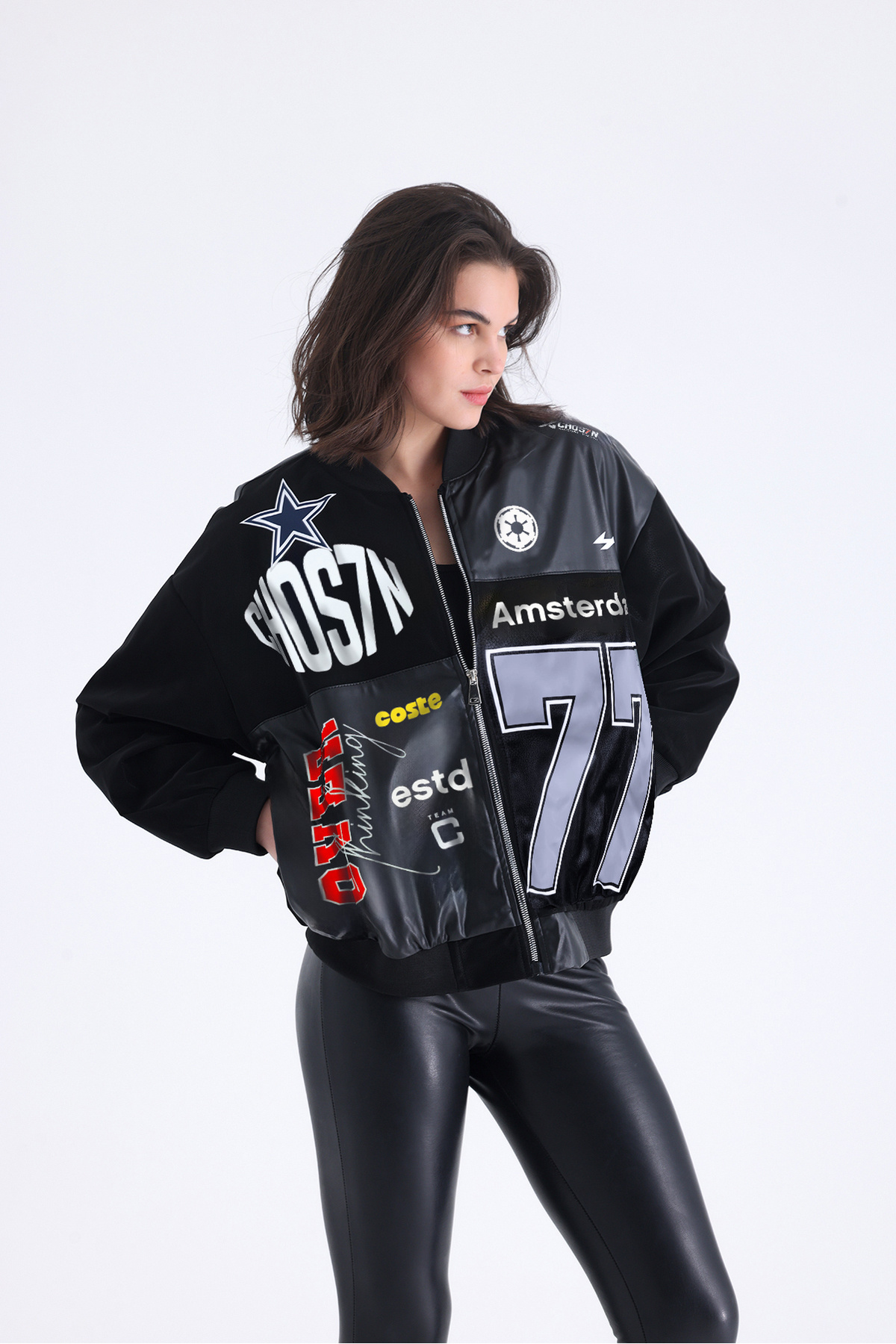 Black Level  Kadın Oversize Baskılı Deri Motorcu Montu Fermuarlı Yarışçı Ceket Astarlı Bomber Kolej Mont - Görsel 2