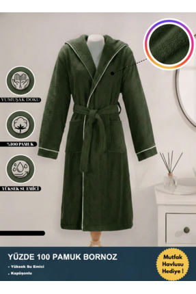 Layvera Erkek-Kadın Koyu Yeşil %100 Pamuk Bornoz Yüksek Kalite | Kapüşonlu-Bi...