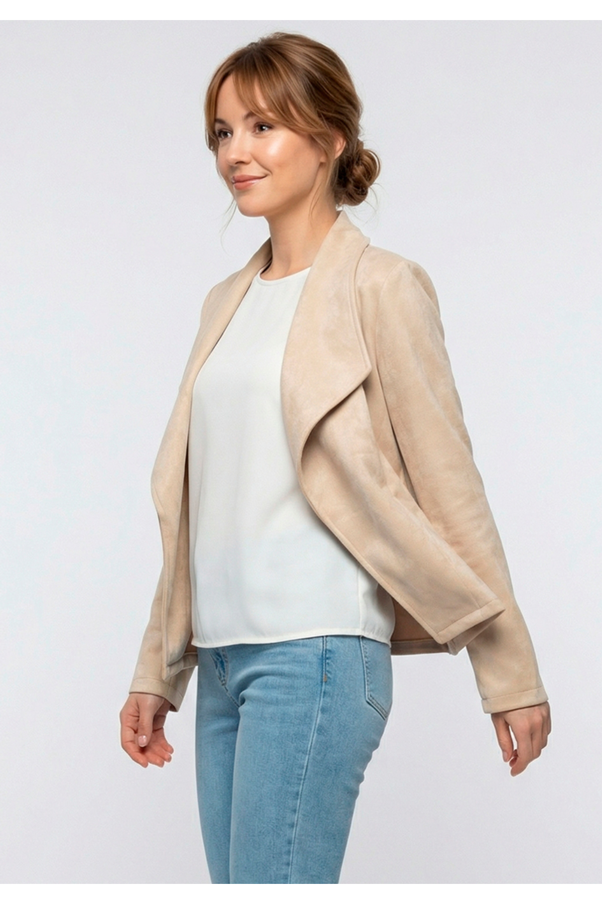 Little Visqon  Kadın Taş Rengi Süet Dokulu Blazer Ceket Casual ve Günlük Ofis Stili - Görsel 7