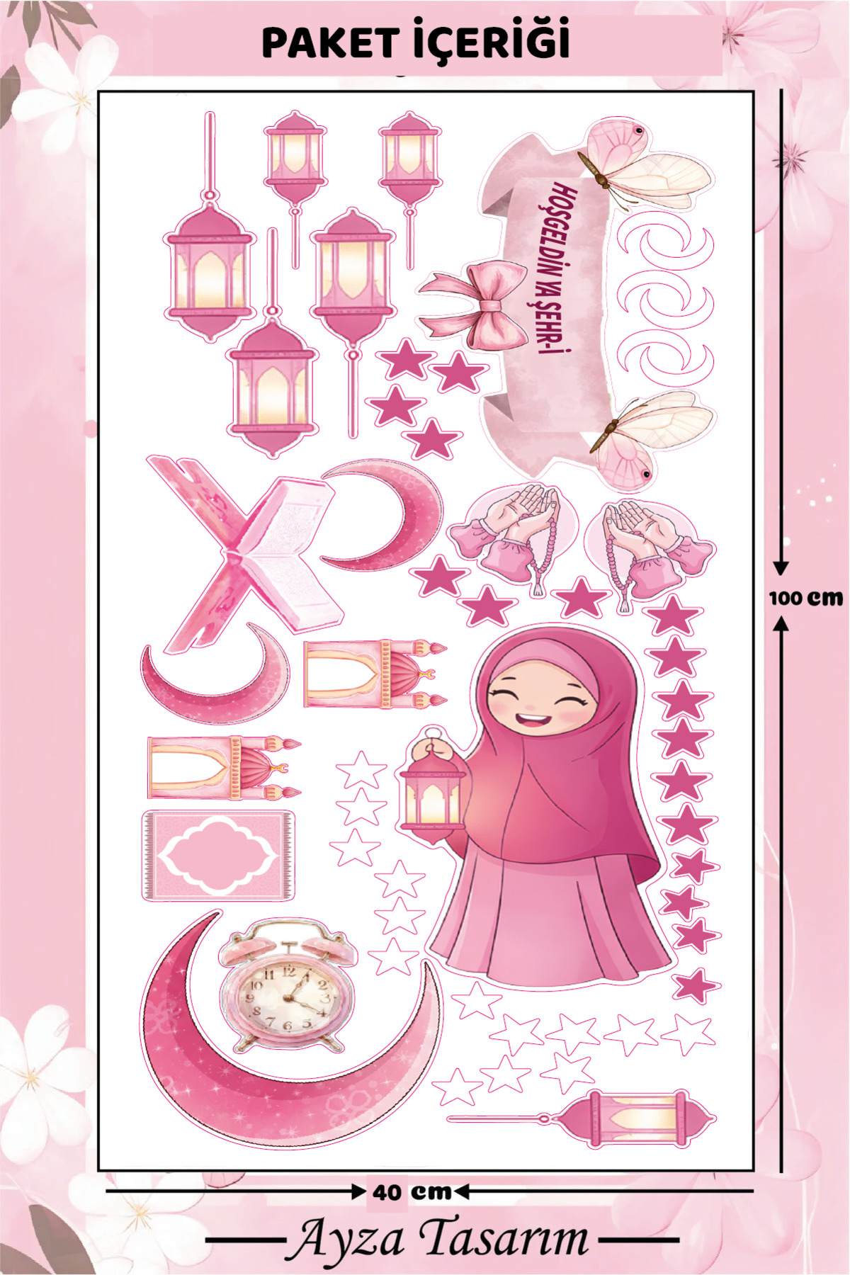 Ayza Tasarım Pembe Ramazan Süsleme Seti - Çocuk Odası Kapı ve Duvar Stickerı - Hoşgeldin Ya Şehr-i Ramazan fotoğrafı 2 (önizleme)