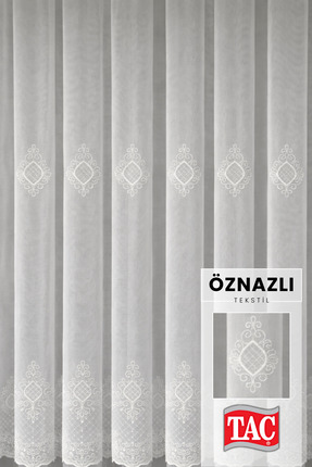 Taç Lüks Klasik Tül Perde – 5 Sıra Brode, Etek Brodeli, Sık Pileli Zarif Tasarım