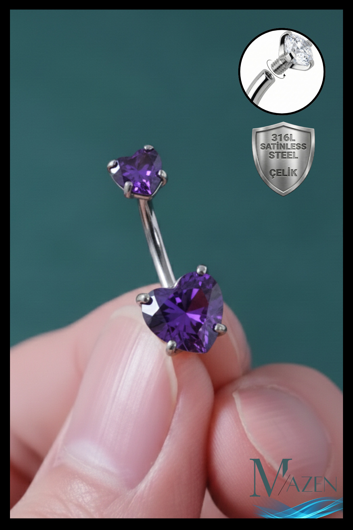 Cerahhi Steel Belly Piercing Heart Zircon Stone Purple