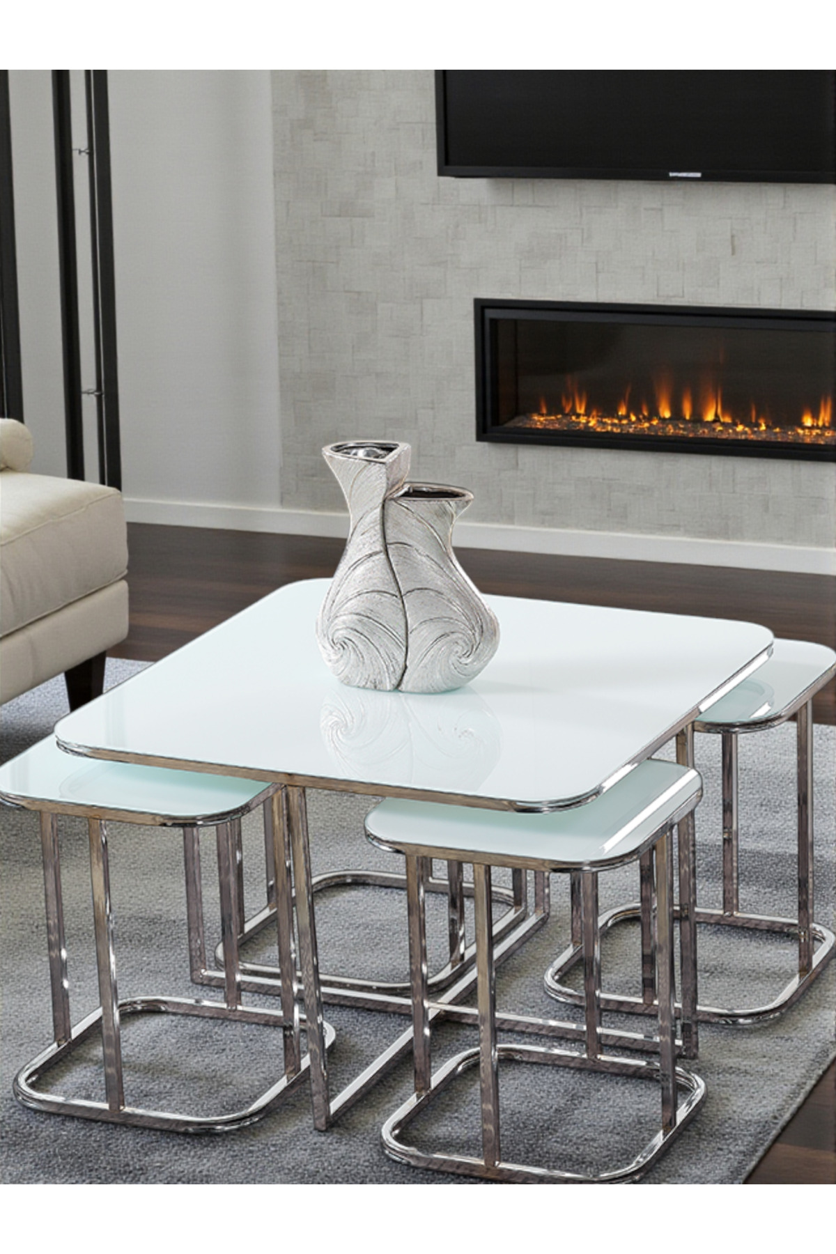 5li Orta Zigon 4 1 Beyaz Temperli Cam Gümüş Metal Ayak Takım Sehpa Sedaş_lıvıng_unıts_sehpa Bohem